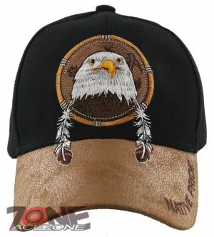 NEW! NATIVE PRIDE EAGLE FEATHERS FAUX LEATHER BASEBALL CAP HAT BLACK