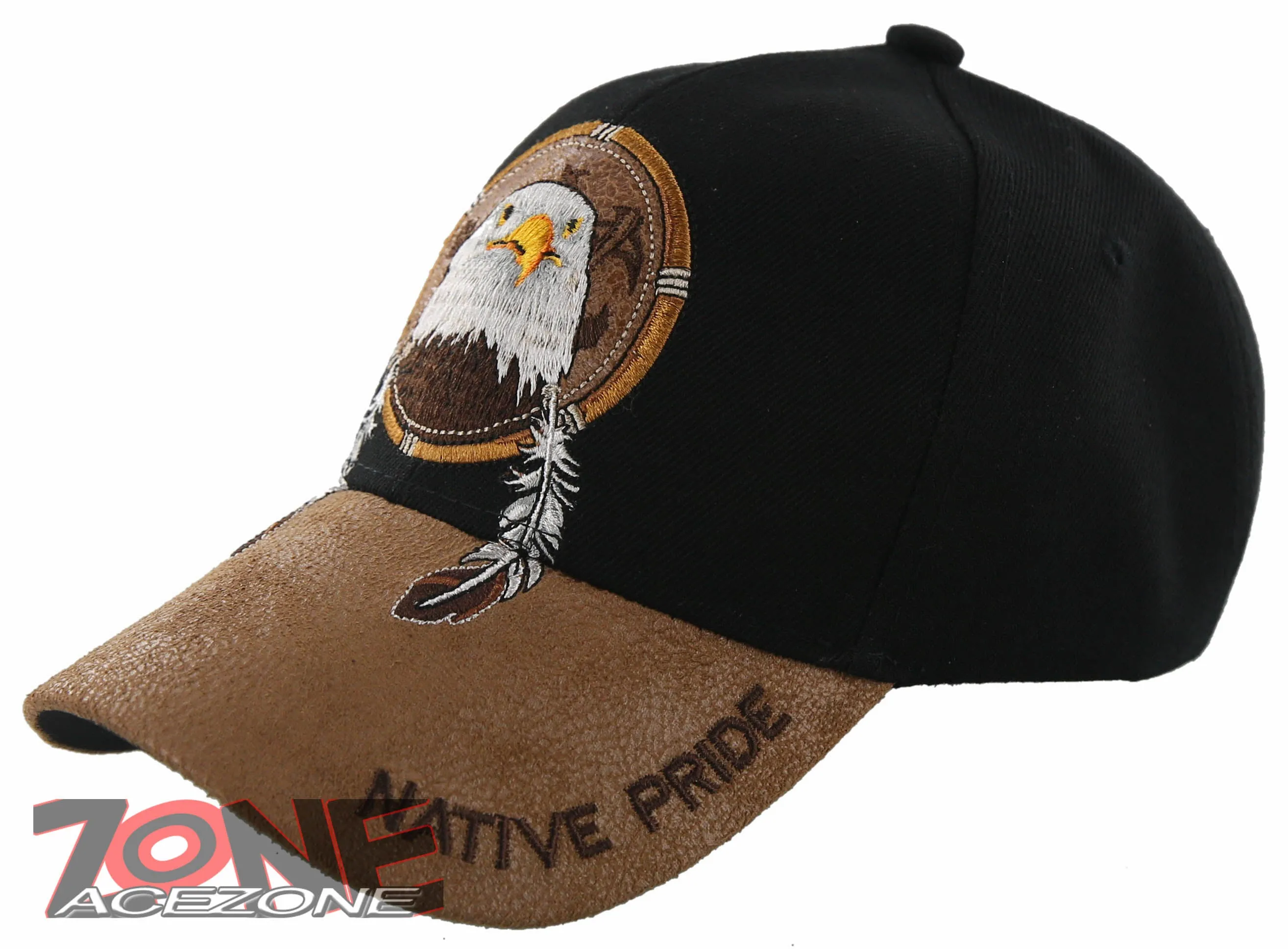 NEW! NATIVE PRIDE EAGLE FEATHERS FAUX LEATHER BASEBALL CAP HAT BLACK