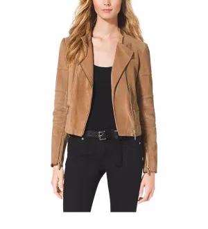 NorthManPlus Women's Leather Bomber Biker Tan Brown Jacket