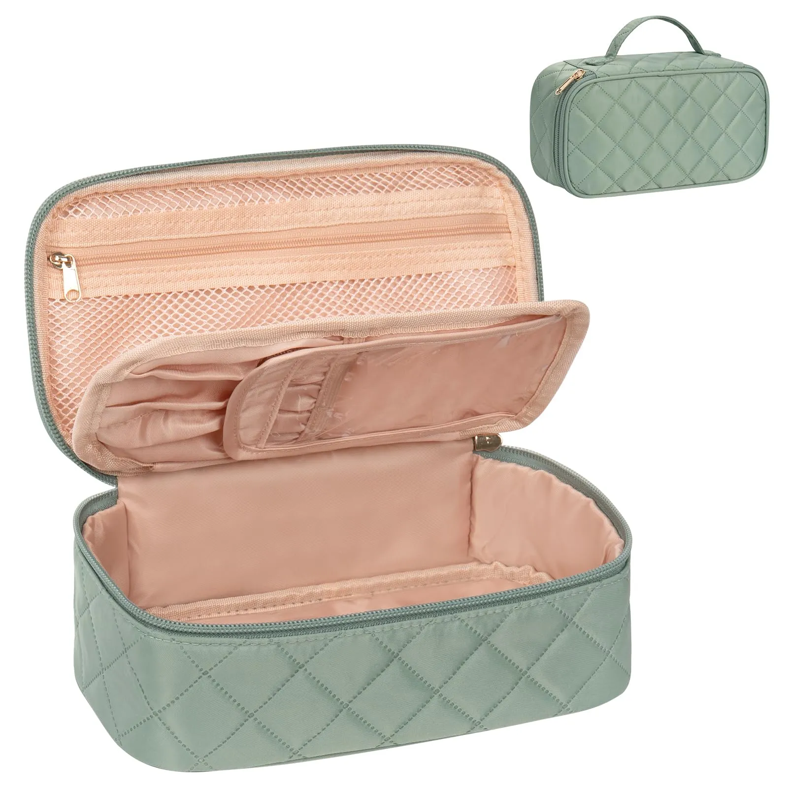 OCHEAL Small Makeup Bag,Portable Cute Travel Makeup Bag Pouch for Women Girls Makeup Brush Organizer Cosmetics Bags with Compartment-Rhombus Green