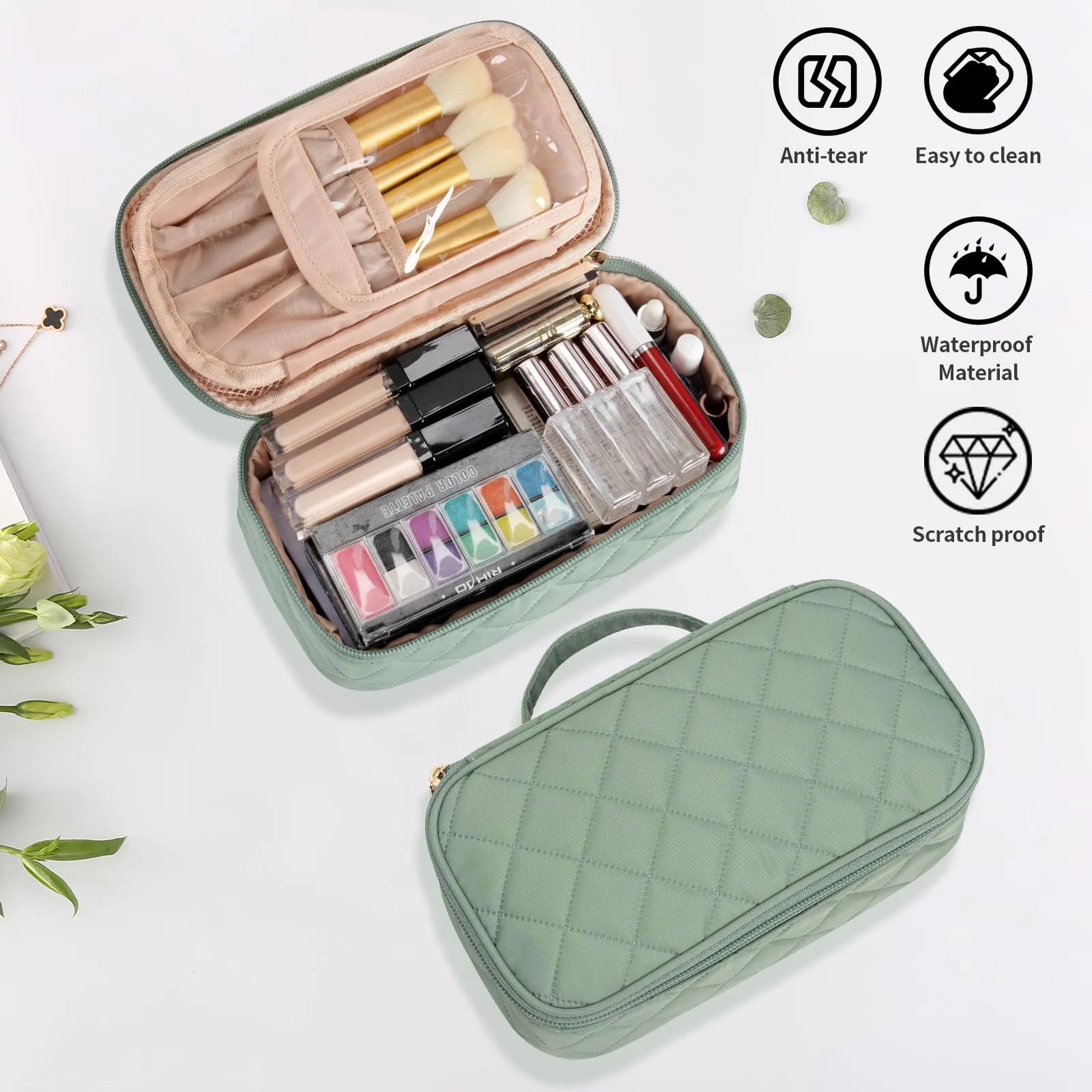 OCHEAL Small Makeup Bag,Portable Cute Travel Makeup Bag Pouch for Women Girls Makeup Brush Organizer Cosmetics Bags with Compartment-Rhombus Green
