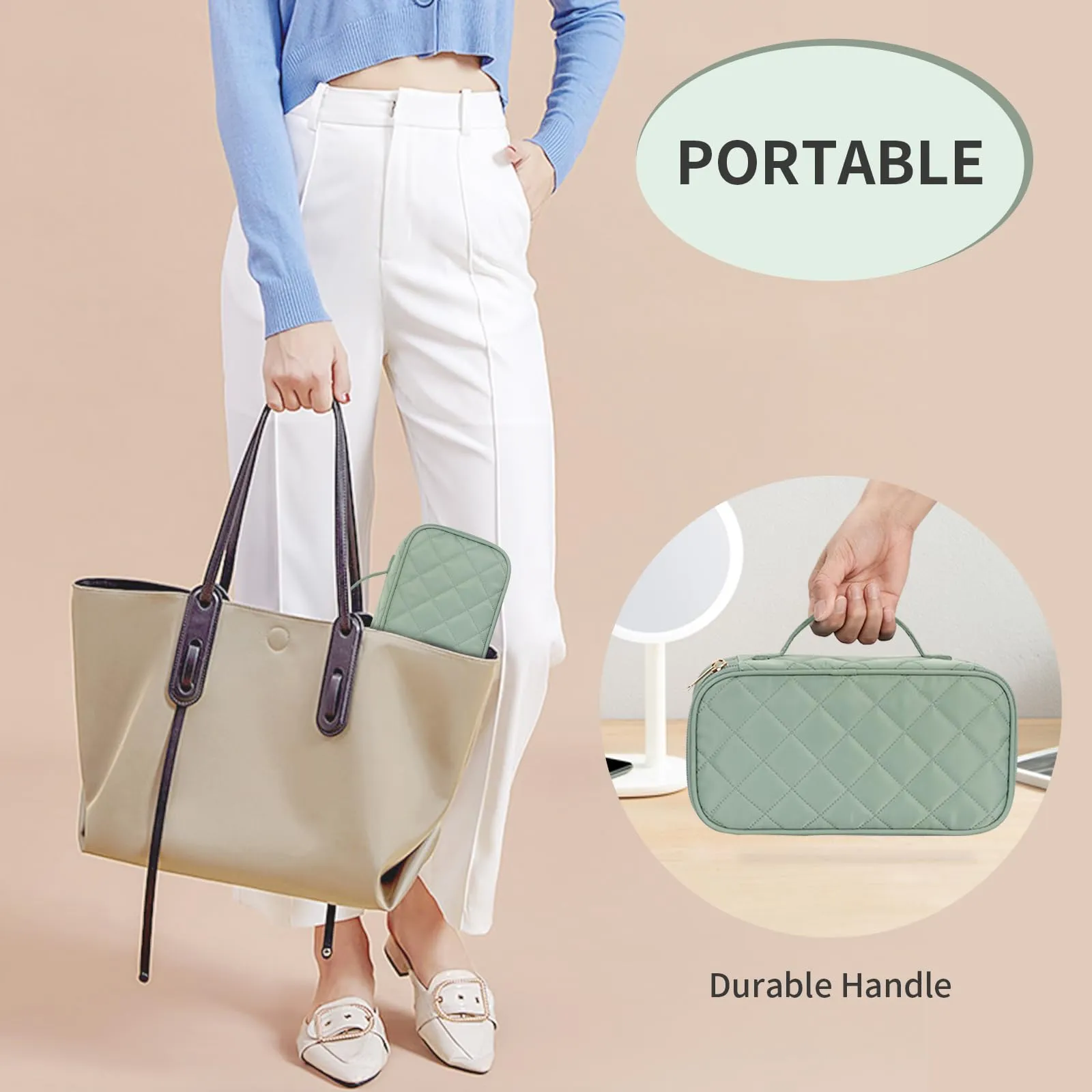 OCHEAL Small Makeup Bag,Portable Cute Travel Makeup Bag Pouch for Women Girls Makeup Brush Organizer Cosmetics Bags with Compartment-Rhombus Green