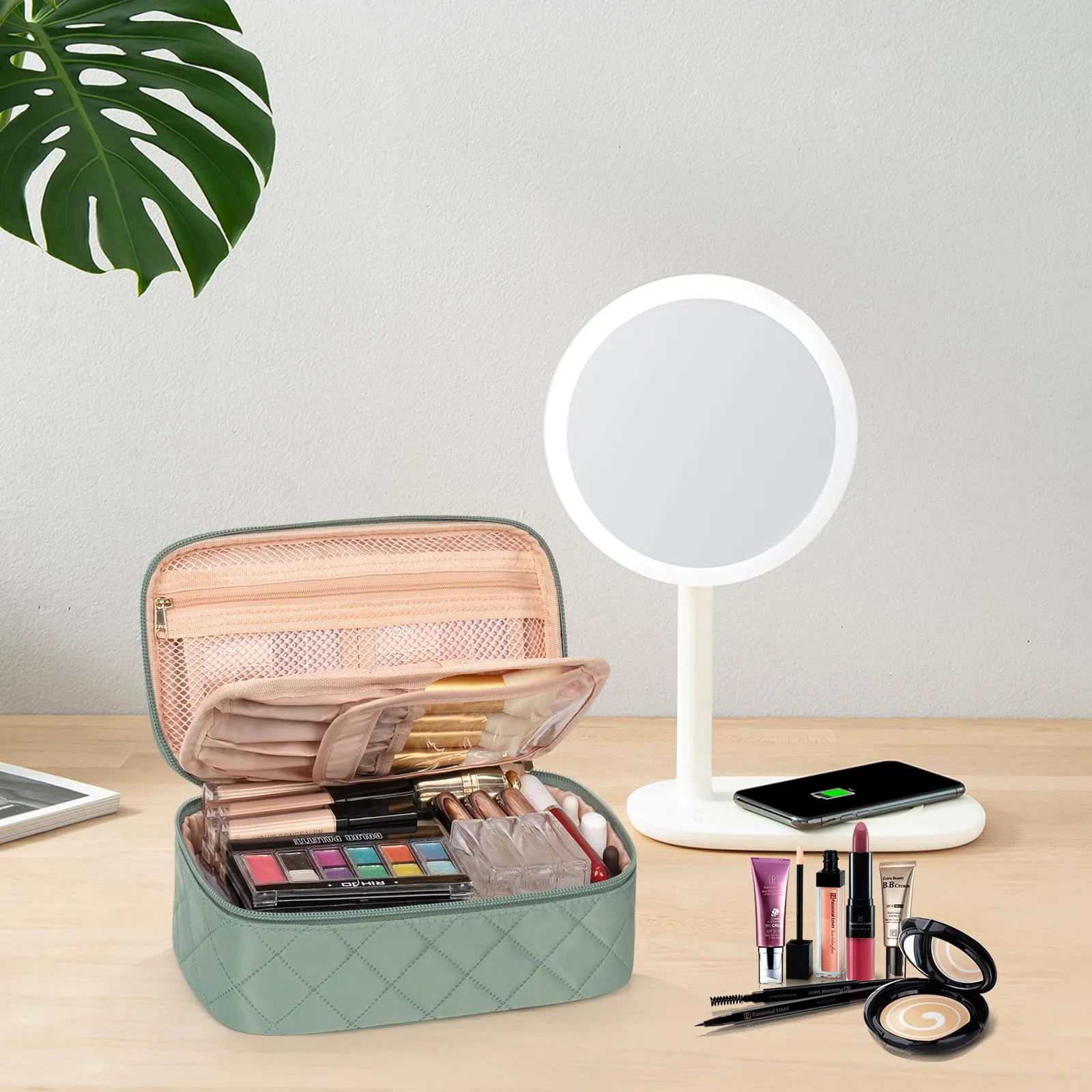 OCHEAL Small Makeup Bag,Portable Cute Travel Makeup Bag Pouch for Women Girls Makeup Brush Organizer Cosmetics Bags with Compartment-Rhombus Green