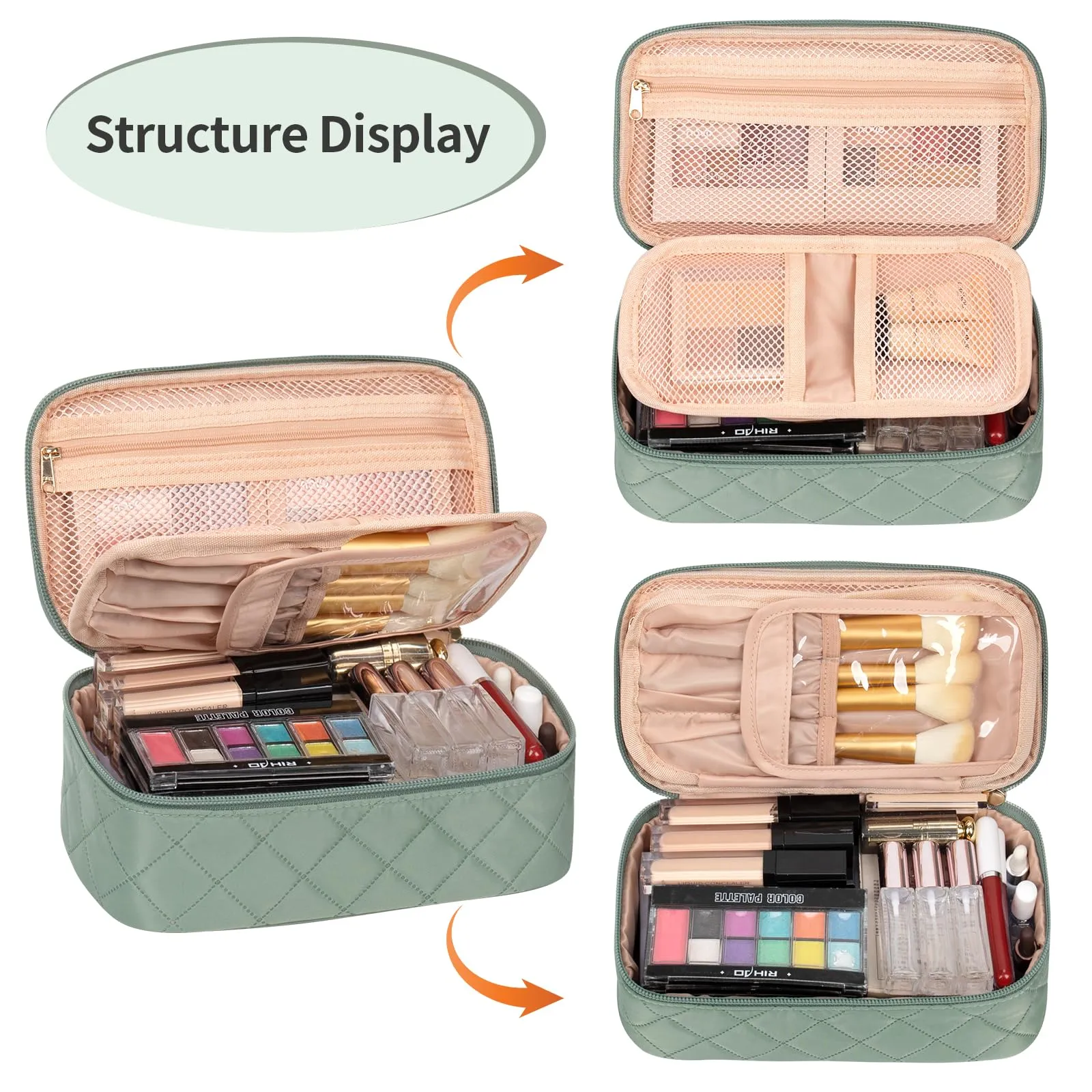 OCHEAL Small Makeup Bag,Portable Cute Travel Makeup Bag Pouch for Women Girls Makeup Brush Organizer Cosmetics Bags with Compartment-Rhombus Green
