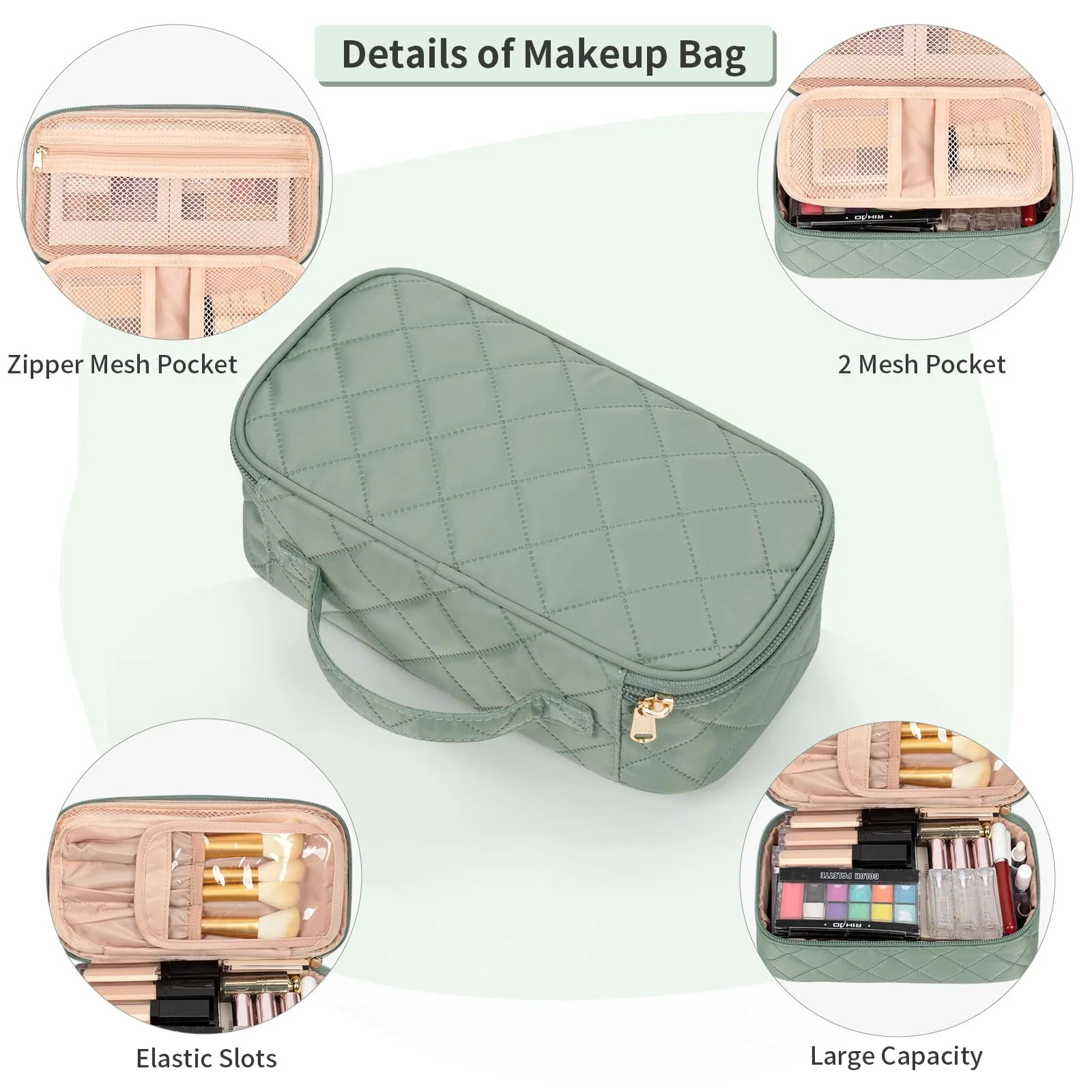 OCHEAL Small Makeup Bag,Portable Cute Travel Makeup Bag Pouch for Women Girls Makeup Brush Organizer Cosmetics Bags with Compartment-Rhombus Green