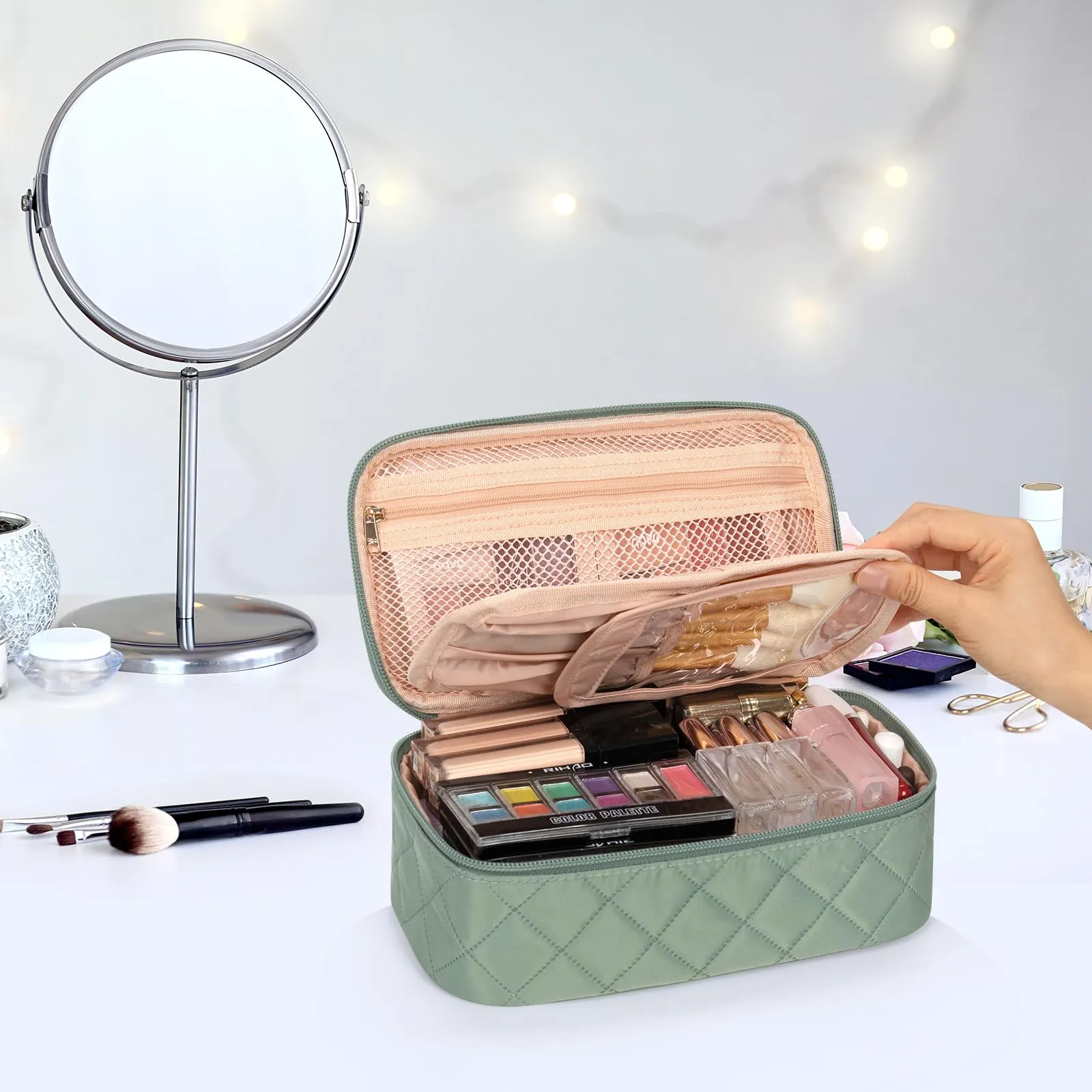 OCHEAL Small Makeup Bag,Portable Cute Travel Makeup Bag Pouch for Women Girls Makeup Brush Organizer Cosmetics Bags with Compartment-Rhombus Green