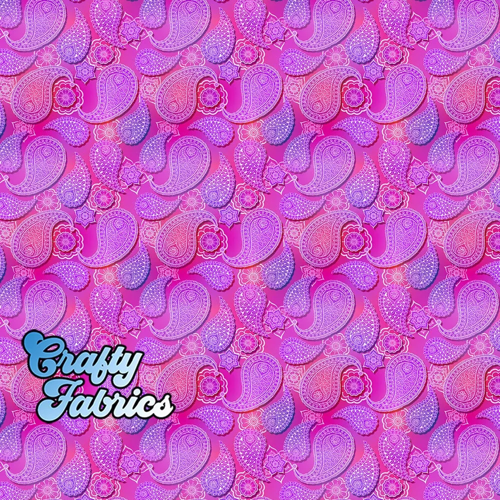 Ornate Pink Paisley Fabric Printed By the Yard, Half Yard or Fat Quarter. Bright Fuschia and Purple Bandana Pattern