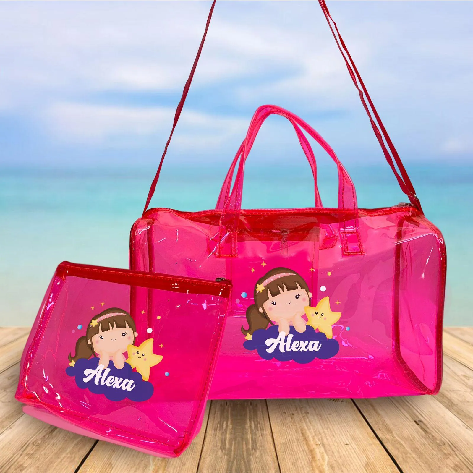Personalised Kids Jelly Duffle Bags with Pouch Combo - Pink