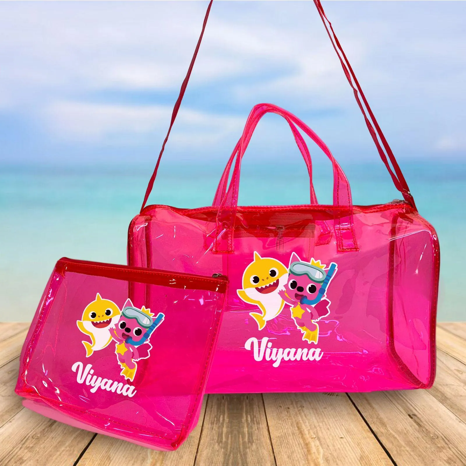 Personalised Kids Jelly Duffle Bags with Pouch Combo - Pink