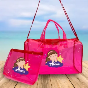 Personalised Kids Jelly Duffle Bags with Pouch Combo - Pink