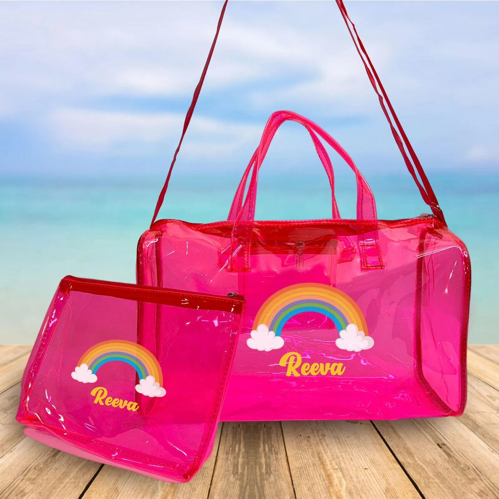 Personalised Kids Jelly Duffle Bags with Pouch Combo - Pink