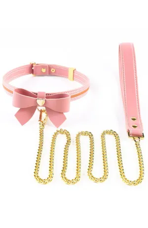 Pink faux leather bow tie collar & leash