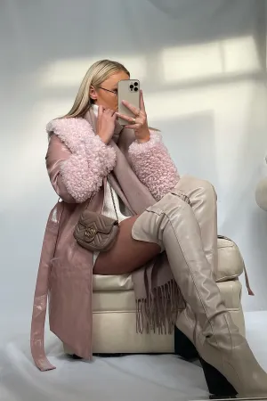 Pink Faux Suede Aurora Coat with Faux Shearling Cuff & Collar