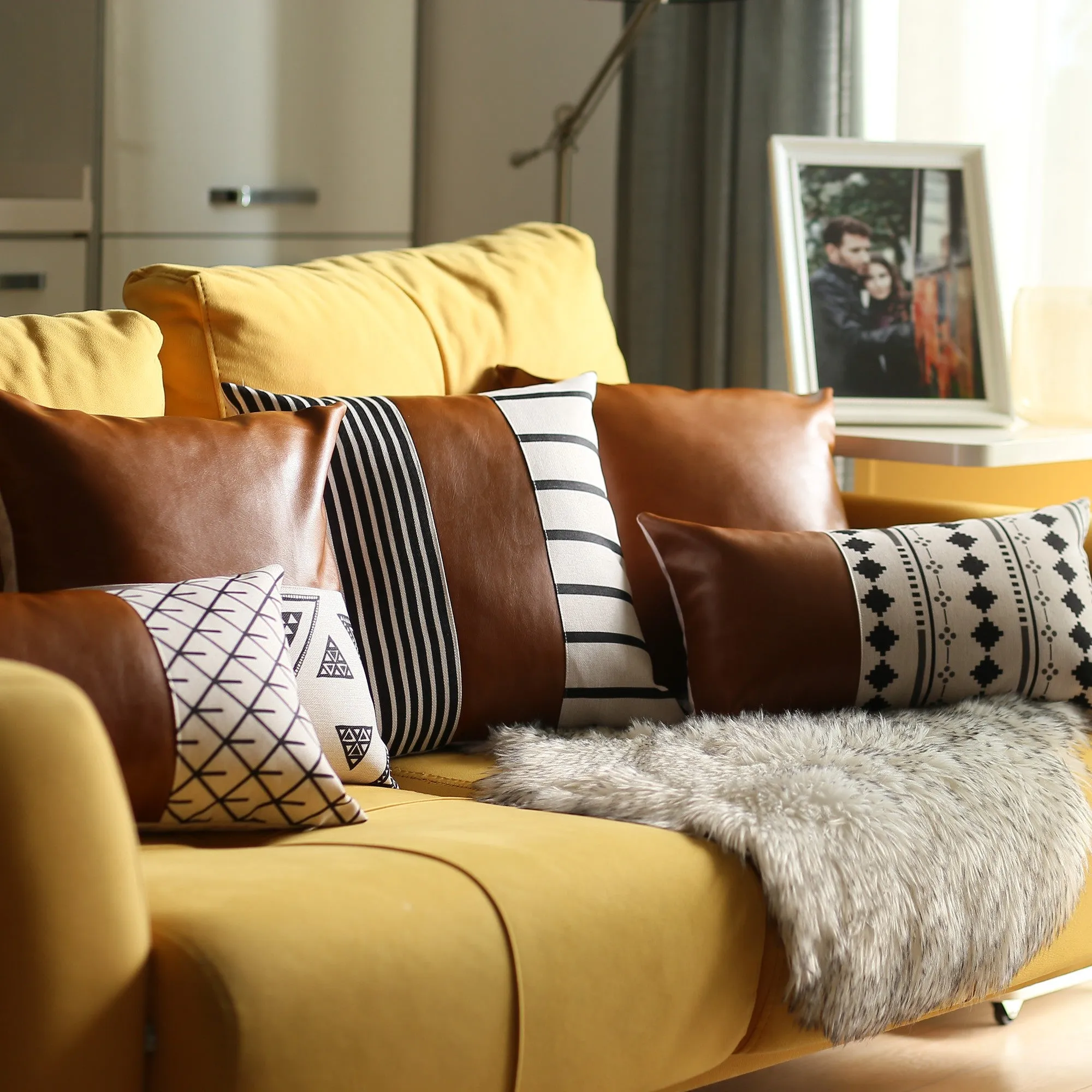 Playful Triangle and Brown Faux Leather Pillow Cover