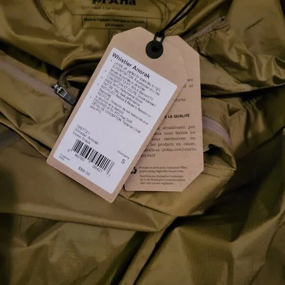 PRANA WOMEN'S WHISTLER ANORAK windbreaker Sweet Grass Size Small NWT