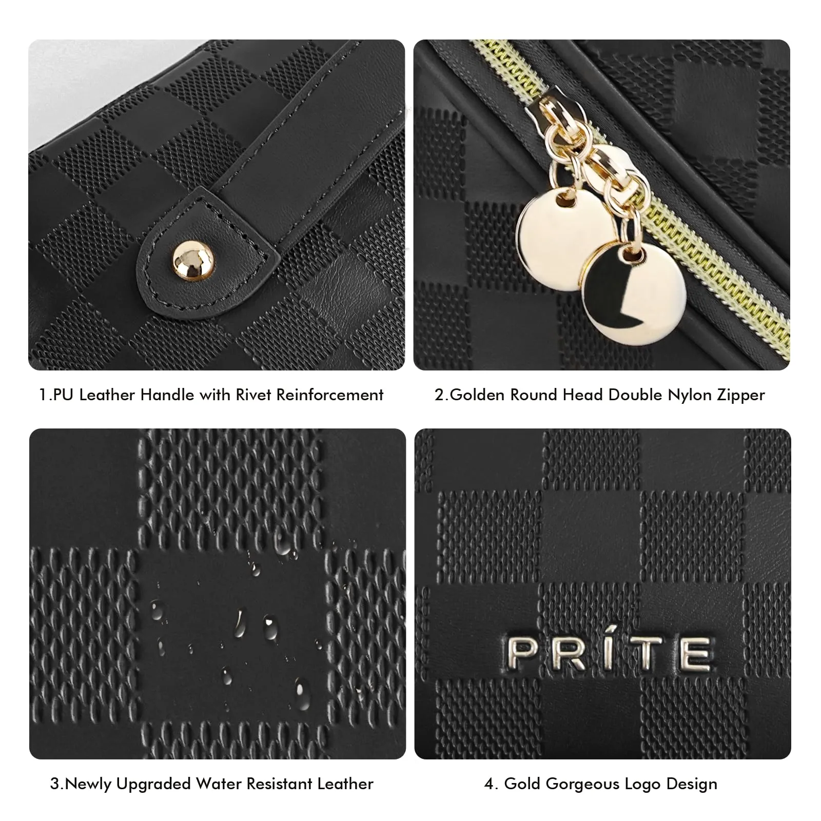 Prite Travel Cosmetic Bag Makeup Organizer Bag For Women Large Capacity Waterproof PU Leather Toiletry Bag with Handle and Clear Divider(Plaid Black)