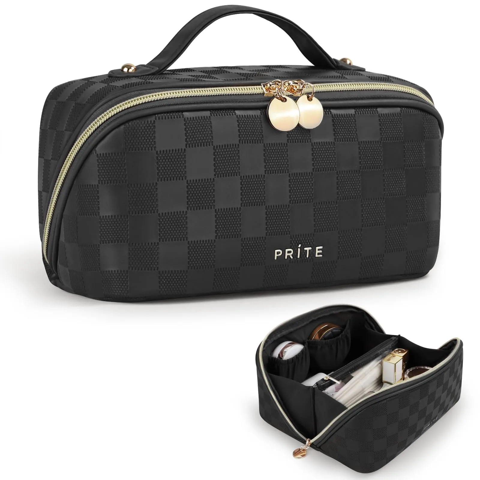 Prite Travel Cosmetic Bag Makeup Organizer Bag For Women Large Capacity Waterproof PU Leather Toiletry Bag with Handle and Clear Divider(Plaid Black)