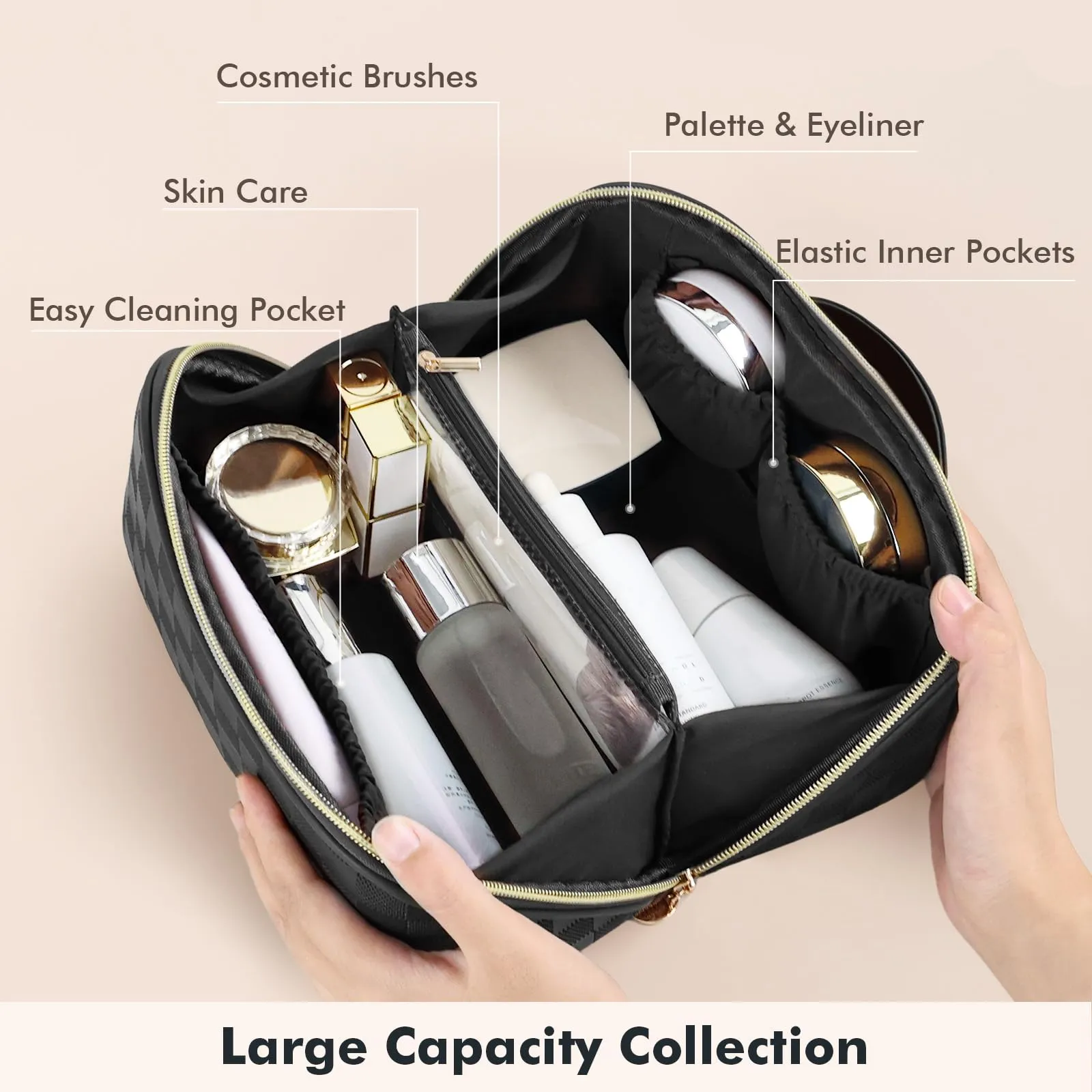 Prite Travel Cosmetic Bag Makeup Organizer Bag For Women Large Capacity Waterproof PU Leather Toiletry Bag with Handle and Clear Divider(Plaid Black)