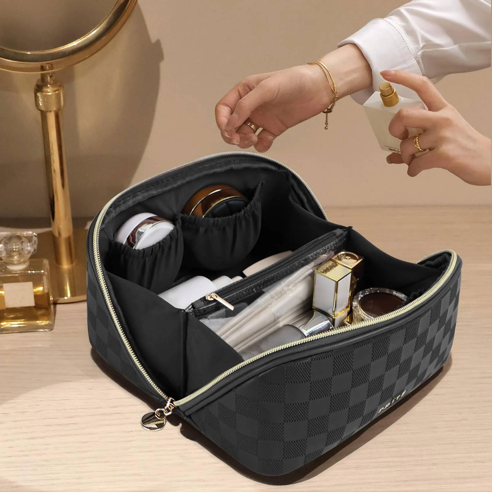 Prite Travel Cosmetic Bag Makeup Organizer Bag For Women Large Capacity Waterproof PU Leather Toiletry Bag with Handle and Clear Divider(Plaid Black)