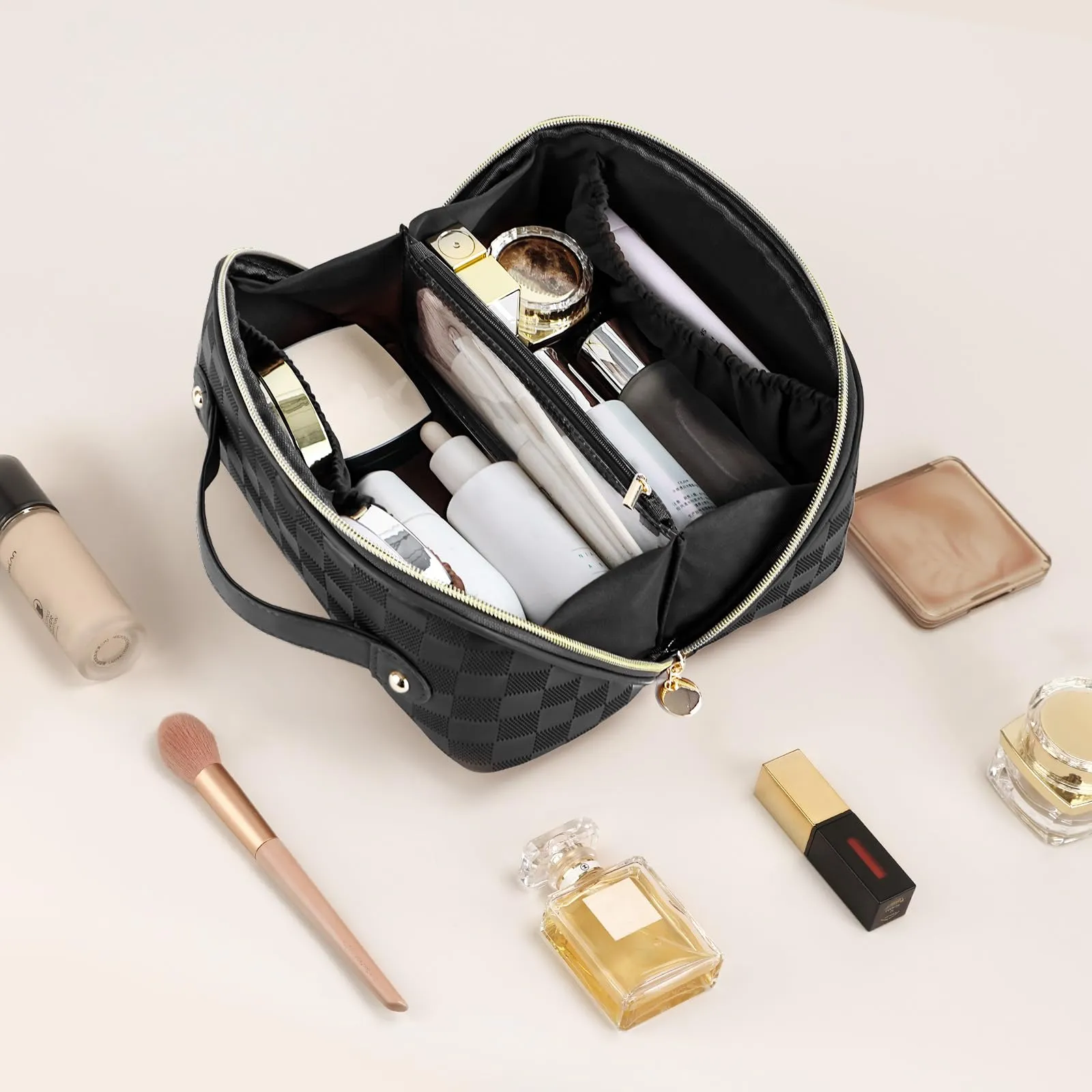 Prite Travel Cosmetic Bag Makeup Organizer Bag For Women Large Capacity Waterproof PU Leather Toiletry Bag with Handle and Clear Divider(Plaid Black)
