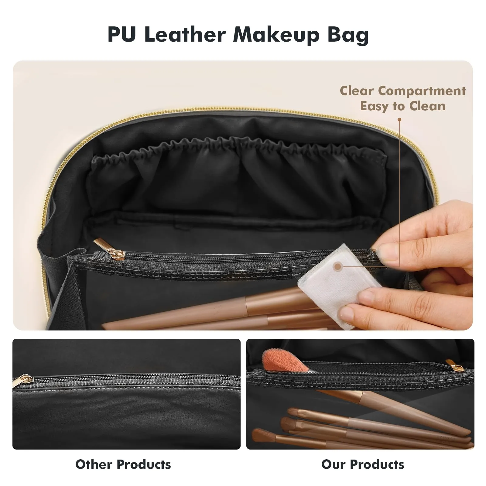 Prite Travel Cosmetic Bag Makeup Organizer Bag For Women Large Capacity Waterproof PU Leather Toiletry Bag with Handle and Clear Divider(Plaid Black)