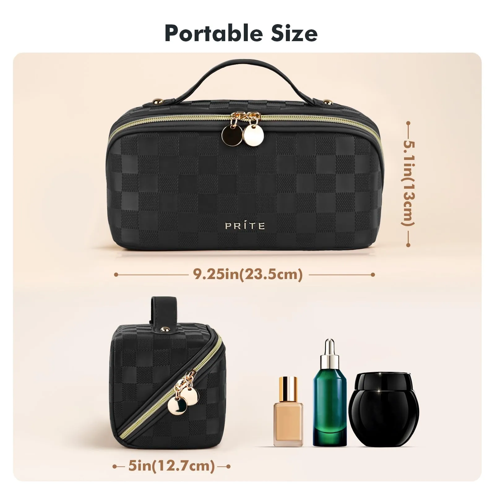 Prite Travel Cosmetic Bag Makeup Organizer Bag For Women Large Capacity Waterproof PU Leather Toiletry Bag with Handle and Clear Divider(Plaid Black)