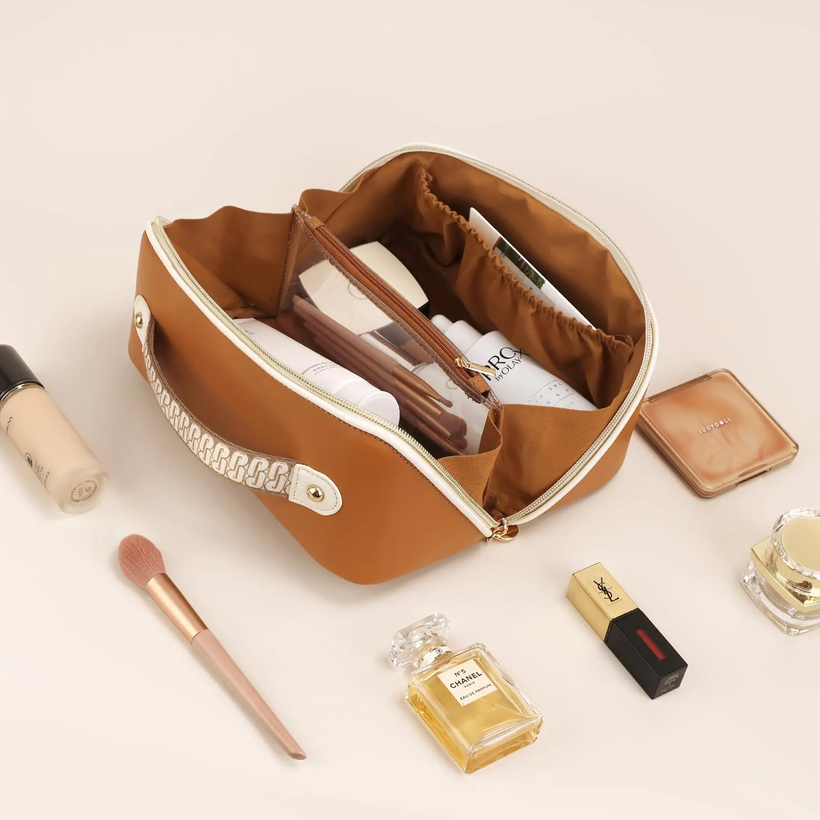 Prite Travel Cosmetic Bag Makeup Organizer Bag For Women Large Capacity Waterproof PU Leather Toiletry Bag with Jacquard Ribbon Handle and Clear Divider(New Brown)