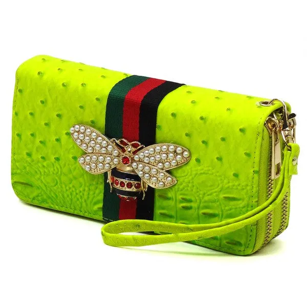 QUEEN BEE STRIPE OSTRICH DOUBLE ZIP WALLET
