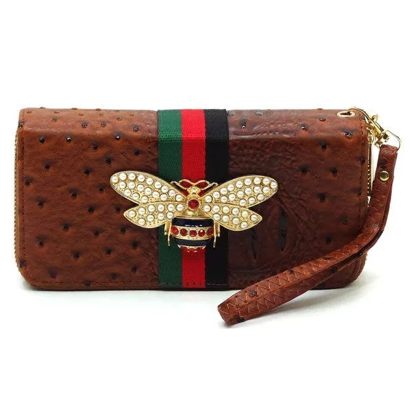 QUEEN BEE STRIPE OSTRICH DOUBLE ZIP WALLET
