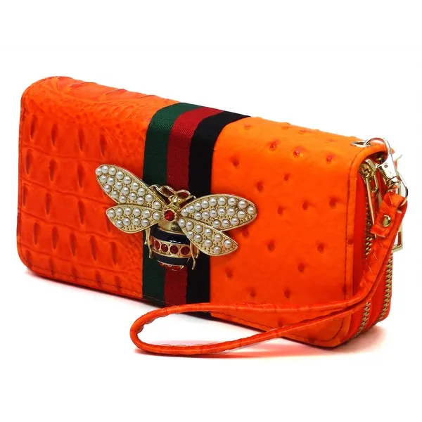 QUEEN BEE STRIPE OSTRICH DOUBLE ZIP WALLET