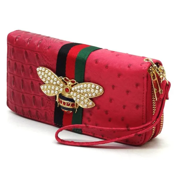 QUEEN BEE STRIPE OSTRICH DOUBLE ZIP WALLET