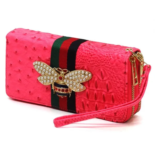 QUEEN BEE STRIPE OSTRICH DOUBLE ZIP WALLET