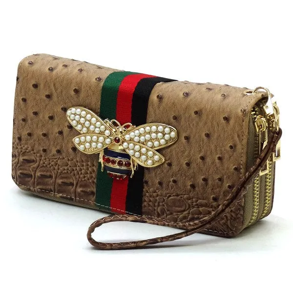 QUEEN BEE STRIPE OSTRICH DOUBLE ZIP WALLET