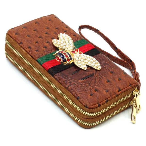 QUEEN BEE STRIPE OSTRICH DOUBLE ZIP WALLET