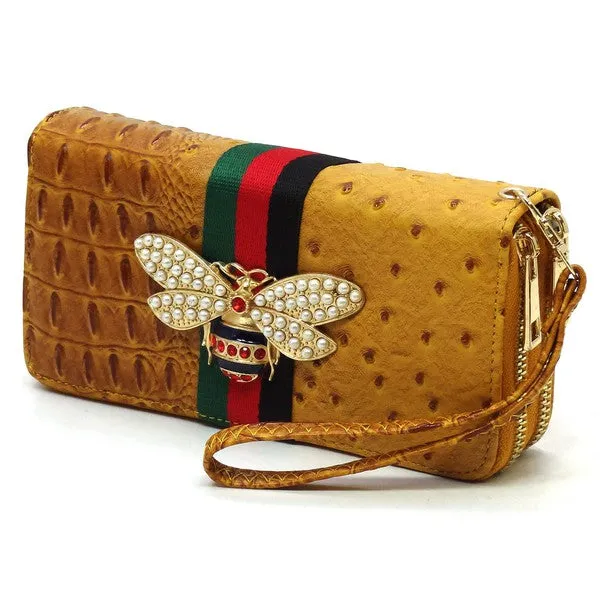 QUEEN BEE STRIPE OSTRICH DOUBLE ZIP WALLET