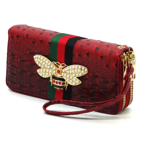 QUEEN BEE STRIPE OSTRICH DOUBLE ZIP WALLET