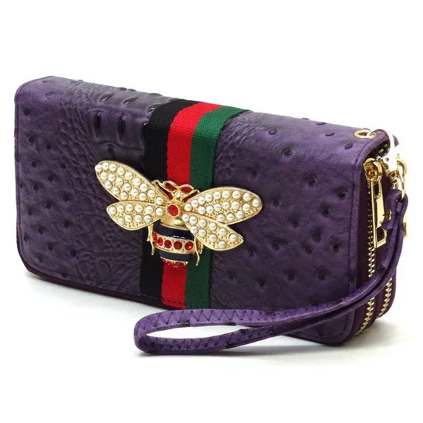 QUEEN BEE STRIPE OSTRICH DOUBLE ZIP WALLET