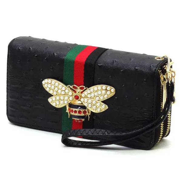 QUEEN BEE STRIPE OSTRICH DOUBLE ZIP WALLET