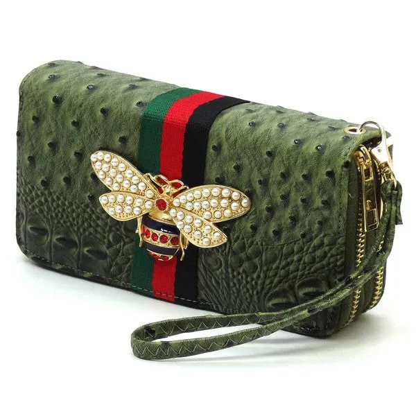 QUEEN BEE STRIPE OSTRICH DOUBLE ZIP WALLET