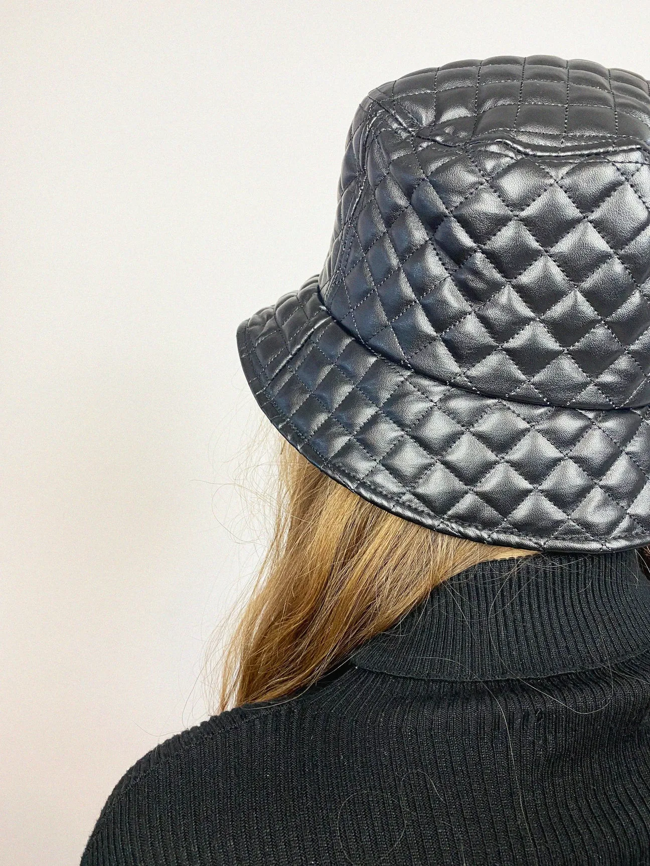 Quilted PU Leather Bucket Hat In Black