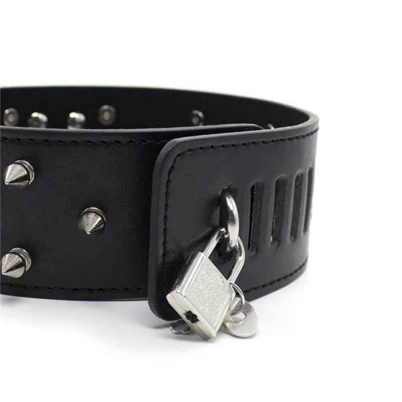 "Necklace" - Fetish PU Leather Metal Rivets Slave Neck Collar Bondage Adjustable Collar Choker With Chain Leash Restraints