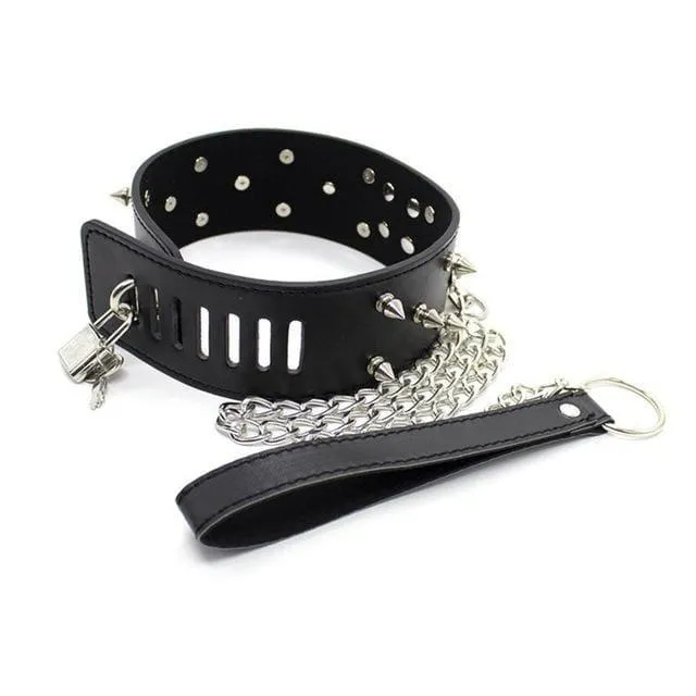 "Necklace" - Fetish PU Leather Metal Rivets Slave Neck Collar Bondage Adjustable Collar Choker With Chain Leash Restraints