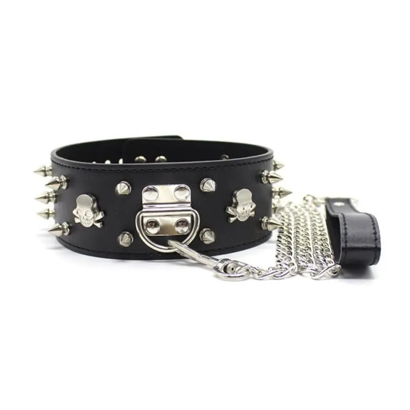 "Necklace" - Fetish PU Leather Metal Rivets Slave Neck Collar Bondage Adjustable Collar Choker With Chain Leash Restraints