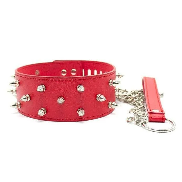 "Necklace" - Fetish PU Leather Metal Rivets Slave Neck Collar Bondage Adjustable Collar Choker With Chain Leash Restraints