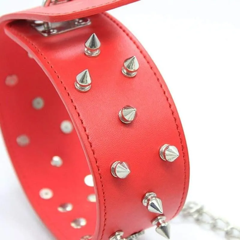 "Necklace" - Fetish PU Leather Metal Rivets Slave Neck Collar Bondage Adjustable Collar Choker With Chain Leash Restraints