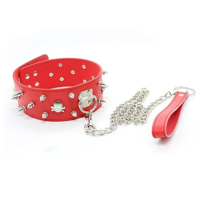 "Necklace" - Fetish PU Leather Metal Rivets Slave Neck Collar Bondage Adjustable Collar Choker With Chain Leash Restraints