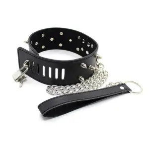 "Necklace" - Fetish PU Leather Metal Rivets Slave Neck Collar Bondage Adjustable Collar Choker With Chain Leash Restraints
