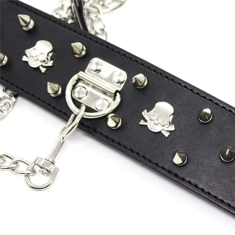"Necklace" - Fetish PU Leather Metal Rivets Slave Neck Collar Bondage Adjustable Collar Choker With Chain Leash Restraints