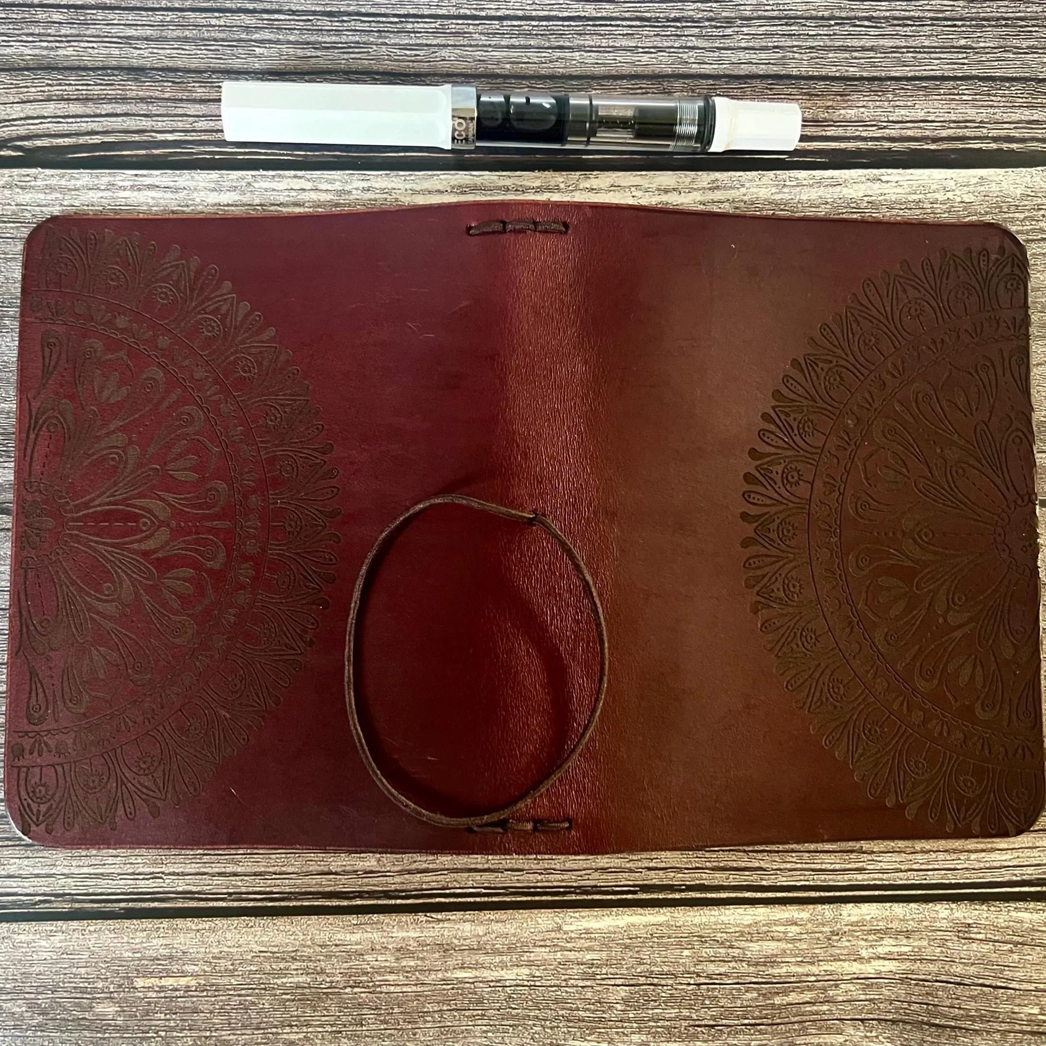 Ready to Ship, A6 Leather Traveler's Notebook, Travel Journal, 3 inserts INCLUDED, Engraved Mandala, Designs by Kenzie