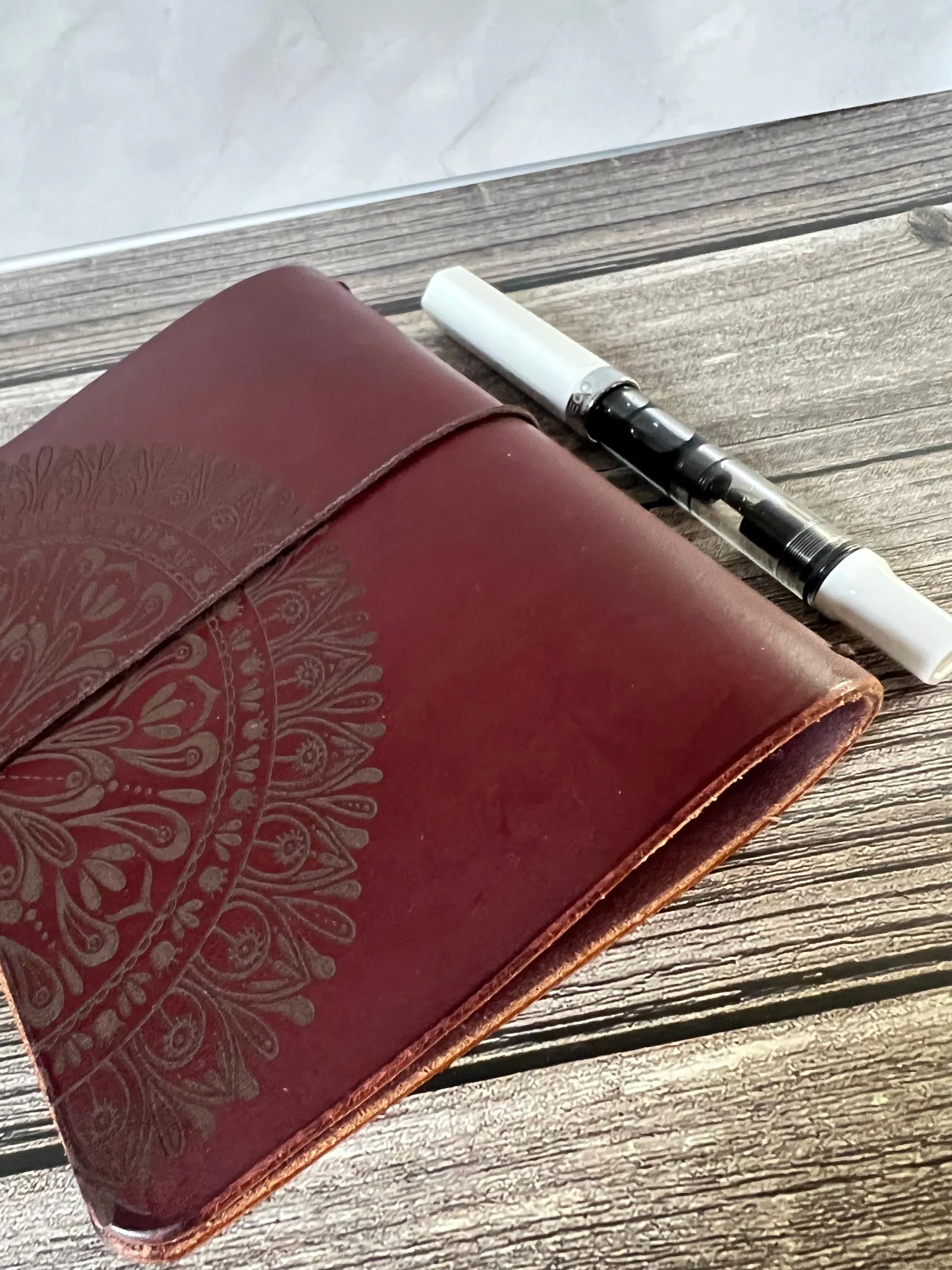 Ready to Ship, A6 Leather Traveler's Notebook, Travel Journal, 3 inserts INCLUDED, Engraved Mandala, Designs by Kenzie